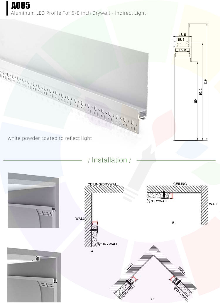 A085 Series 19*119mm LED Strip Channel - Aluminium LED profile whith single  flange, recessed into 5/8 drywall, Wall to Ceiling or Ceiling to Wall, A085